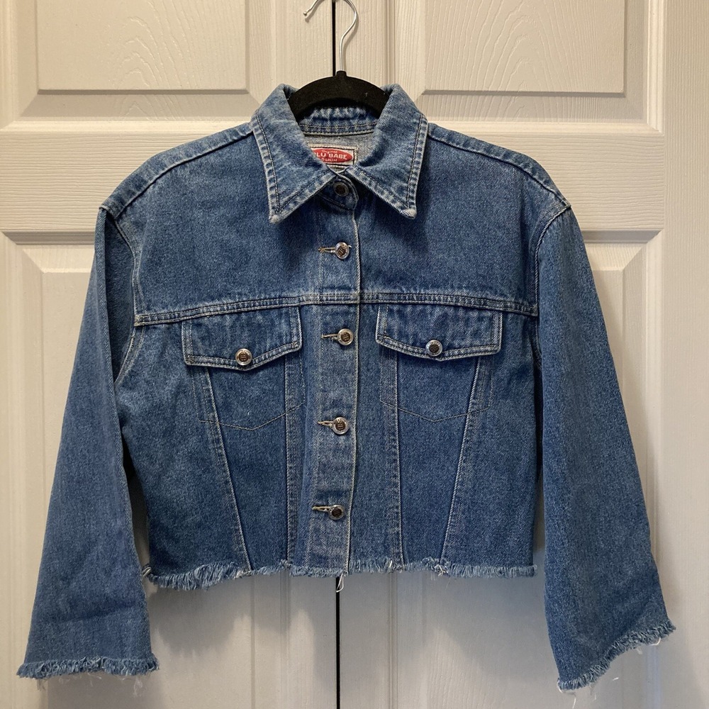 Original Blu Babe Denim Cropped Button-up Jean Jacket Size S/M Raw Hem Med-Wash